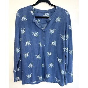 Aerie Waffle Knit Thermal Henley Shirt Women's Large Floral Long Sleeve Snap
